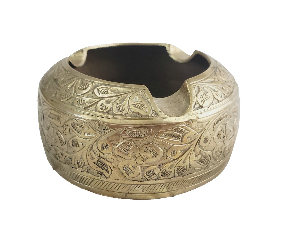 Vintage Ornate Solid Brass Ashtray Made In India Hollywood Regency Round Floral
